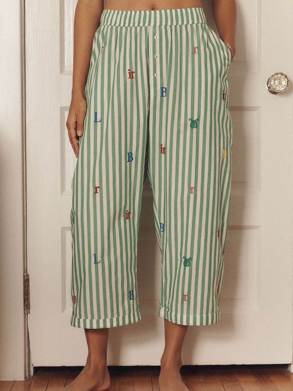 Anthropologie Green and White Striped Embroidered Boxer Pants